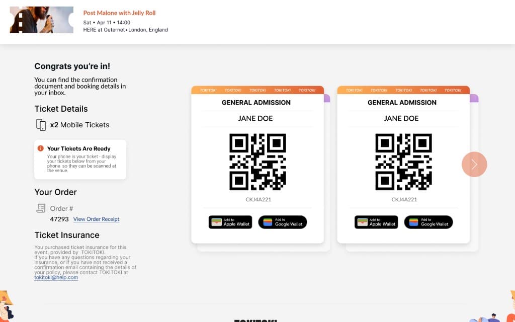 TokiToki ticket confirmation and mobile tickets