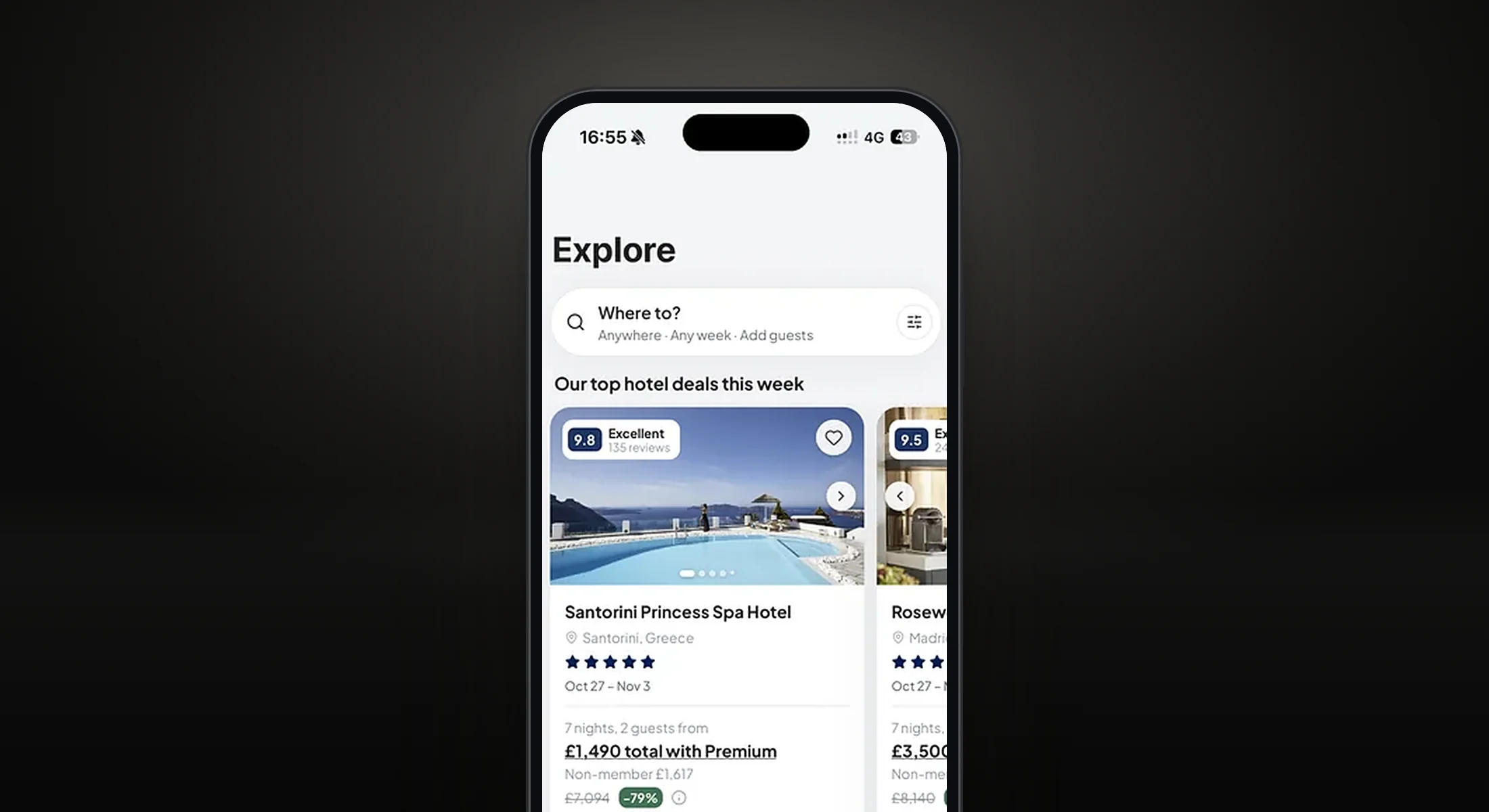 The Holiwise app on a phone, showing this week's top hotel deals