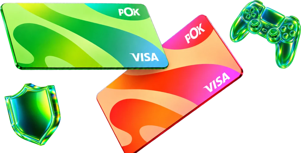 Two POK Visa cards, green and orange, with a shield and a game controller