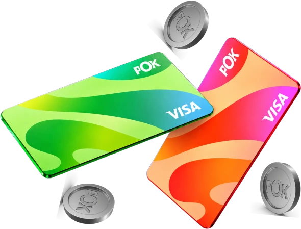 Two POK Visa cards, green and orange, with POK coins